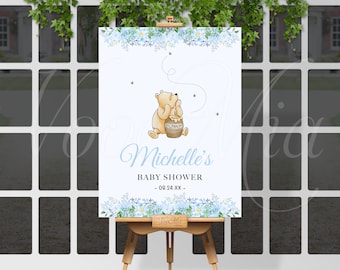 Winnie The Pooh Baby Shower Sign, Boy Blue Flowers Welcome Poster Editierbare Vorlage
