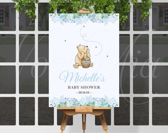Winnie The Pooh Baby Shower Sign, Boy Blue Flowers Welcome Poster Editable Template