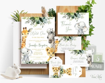 May include: A set of printable baby shower invitations with a jungle theme. The invitations feature watercolour illustrations of a giraffe, zebra, lion, and elephant. The text on the invitations reads "A Little Wild One is on the Way!" and includes the baby shower date, time, and location. There are also thank you cards, a book for baby card, and a diaper raffle card.