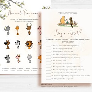 May include: A printable game card for a baby shower. The card features a cartoon illustration of animals and a list of old wives' tales about pregnancy. The text on the card reads "Animal Pregnancy" and "Boy or Girl?"