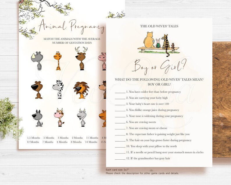 May include: A printable game card for a baby shower. The card features a cartoon illustration of animals and a list of old wives' tales about pregnancy. The text on the card reads "Animal Pregnancy" and "Boy or Girl?"
