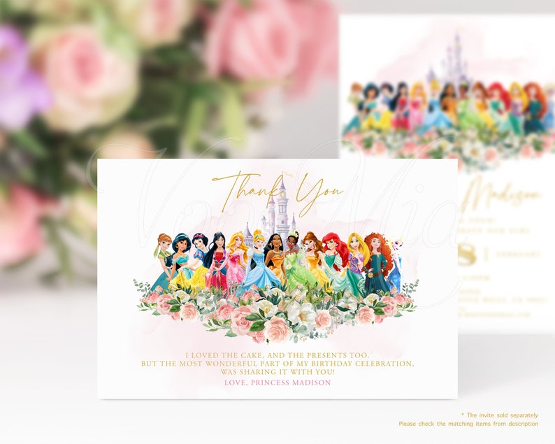 All Princess Thank You Card, Birthday Party Thanks Cards Template Editable, Printable Tags image 1