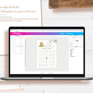May include: A laptop computer screen displaying a web page with a Winnie the Pooh themed printable game. The game is called "Find the Gurt Bing" and features a grid of squares with images of Winnie the Pooh and his friends. The screen also shows a toolbar with options for editing the game, such as adding text, changing colors, and adding images.