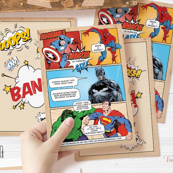 Superhero Invitation, Comic Birthday Party Invite, Editable Superheroes Birthday Template, Printable