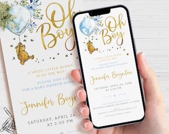 Klassische Winnie The Pooh Evite Einladung, elektronische Junge-Babyparty-Einladung, digitale mobile Einladungen, bearbeitbare Smartphone-Vorlage