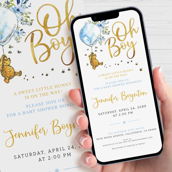 Klassische Winnie The Pooh Evite Einladung, elektronische Junge-Babyparty-Einladung, digitale mobile Einladungen, bearbeitbare Smartphone-Vorlage