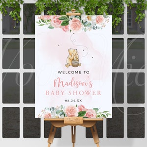 Winnie The Pooh Welcome Sign, Classic Pink Flowers Baby Shower Poster Template