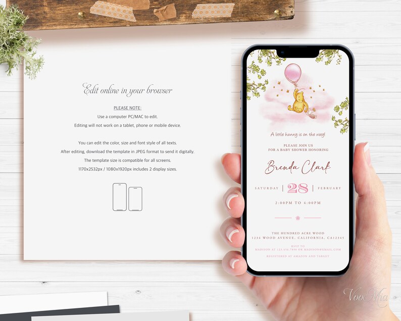 Classic Winnie The Pooh Evite Invitation, Digital Baby Shower Invite, Editable Mobile Smartphone Template image 2
