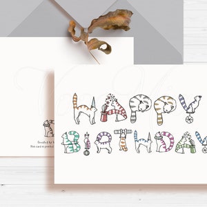Cats Birthday Card, Editable Greeting Cards Template, Printable