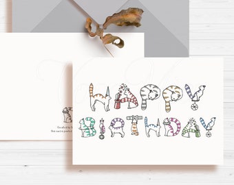 Cats Birthday Card, Editable Greeting Cards Template, Printable
