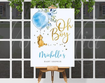 Klassieke Winnie de Poeh baby shower teken, Oh Boy welkom poster sjabloon, bewerkbaar direct downloadbestand