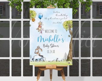 Winnie The Pooh Welcome Sign, Baby Shower Boy Decoration, Blue Balloon Poster Editable Template