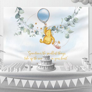 Winnie The Pooh Baby Shower Backdrop, Greenery Birthday Blue Balloon Nursery Wall Hanging, Banner and Poster, Printable Template
