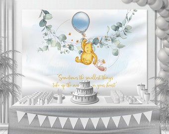 Winnie The Pooh Babyparty Hintergrund, grüner Geburtstag blauer Ballon Kinderzimmer Wandbehang, Banner und Poster, druckbare Vorlage