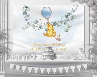 Winnie The Pooh Baby Shower Backdrop, Greenery Birthday Blue Balloon Nursery Wall Hanging, Banner and Poster, Printable Template