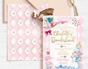 May include: Pink and white checkered invitation with gold text for a first birthday party. The invitation features a whimsical illustration of Alice in Wonderland characters, including the Mad Hatter, the Queen of Hearts, and the White Rabbit. The text reads "Don't be late, it's an important date! Join us in Charlotte's Onederland to celebrate her first birthday. Saturday, August 14th, 20XX at 2:00 pm. 3645 Cheshire Lane, Denver, CO 67451. Rsvp to Megan 123.456.7890 or megintsmail.com"
