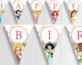 Princess Banner Girl, Editable Birthday Party Flag Banner Pink, Printable