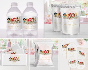 Princess Water Bottle Label, Chocolate Bar Wrapper, Chip Bag Wrappers, Juice Pouch Labels, Thank You and Favor Tags