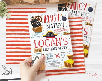 Modello di invito di compleanno pirata, invito pirata modificabile, Ahoy Matey