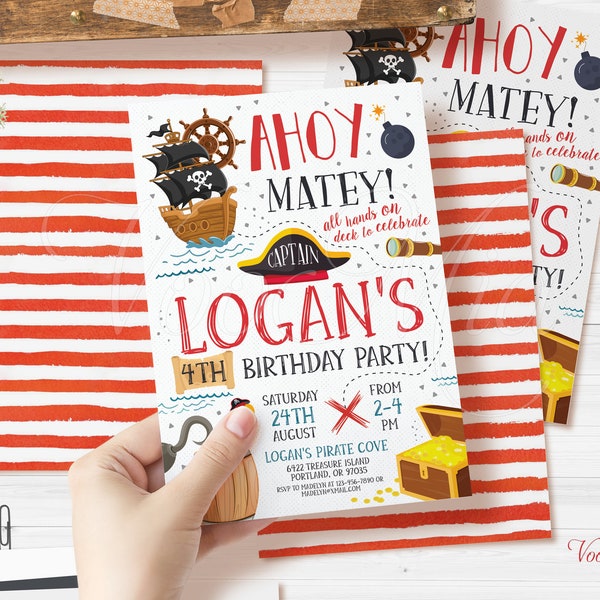 Pirate Birthday Invitation Template, Editable Pirate Invite, Ahoy Matey