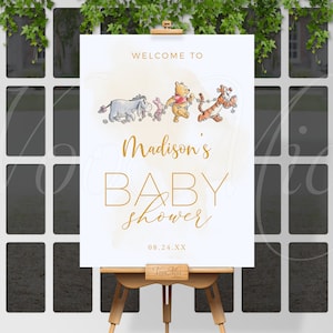Winnie The Pooh Welcome Sign, Classic Flowers Baby Shower Poster Template
