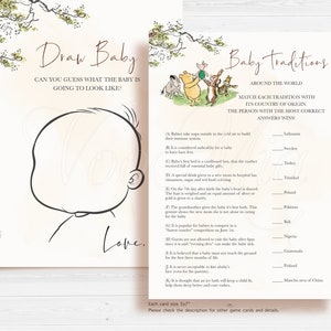 May include: A printable baby shower game with a Winnie the Pooh theme. The game is called "Baby Traditions Around the World". Players match each baby tradition with its country of origin. The game includes a blank drawing sheet with the words "Draw Baby" and "Can you guess what the baby is going to look like?" and the word "Love" at the bottom.