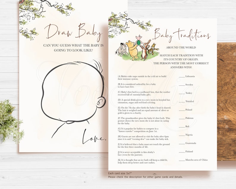 May include: A printable baby shower game with a Winnie the Pooh theme. The game is called "Baby Traditions Around the World". Players match each baby tradition with its country of origin. The game includes a blank drawing sheet with the words "Draw Baby" and "Can you guess what the baby is going to look like?" and the word "Love" at the bottom.