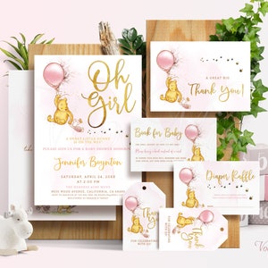 Classic Winnie the Pooh Baby Shower Invitations Girl Party Decorations Gifts Editable Template Instant Download BS024