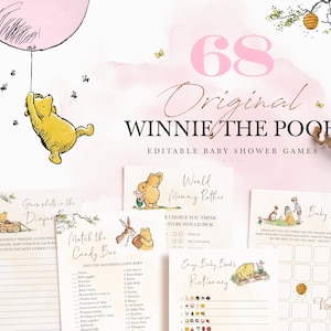 Klassieke Winnie de Poeh babyshowerspellen, bewerkbare roze gamekaarten, Pooh Girl Party-sjabloon
