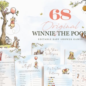 Juegos de Baby Shower de Winnie the Pooh, tarjetas de juego imprimibles, plantilla editable para fiesta de Red Pooh