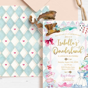 Alice in Wonderland Birthday Invitation, Onederland Editable Template, Gold and Mint Green Printable Invite