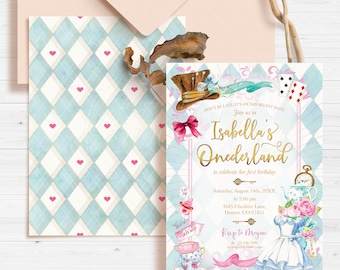May include: Alice in Wonderland themed first birthday party invitation with a blue and white chequered background. The invitation features illustrations of the Mad Hatter, the Queen of Hearts, and Alice. The text reads "Don't be late, it's an important date! Join us in Isabella's Onederland to celebrate her first birthday. Saturday, August 14th, 20XX at 2:00 pm. 3645 Cheshire Lane, Denver, CO 67451. RSVP to Megan at 123.456.3890 or megan@email.com"