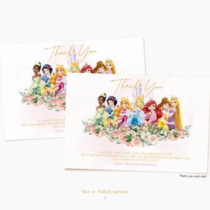 K&ouml;nnte beinhalten: Dankeskarte mit einer Aquarell-Illustration von Disney-Prinzessinnen vor einem rosa Schloss mit wei&szlig;en Blumen. Der Text lautet "Danke" und "Ich habe den Kuchen und die Geschenke geliebt. Aber der sch&ouml;nste Teil meiner Geburtstagsfeier war, ihn mit euch zu teilen! Liebe, Prinzessin Madison".