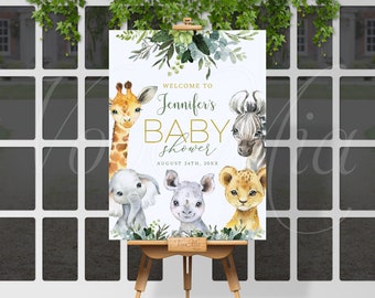 Safari Baby Shower Willkommensschild, Dschungel Tiere Poster bearbeitbare Vorlage