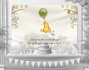 Classic Winnie The Pooh Baby Shower Backdrop, Birthday Green Balloon Nursery Wall Hanging, Banner and Poster, Printable Template