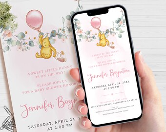Klassische Winnie The Pooh Evite Einladung, elektronische Mädchen Babyparty einladen, digitale mobile Einladungen, bearbeitbare Smartphone Vorlage