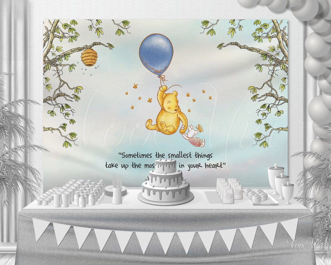 Classic Winnie the Pooh Baby Shower Backdrop, Birthday Blue Balloon Boy