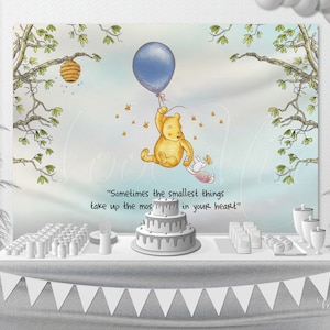 Classic Winnie The Pooh Baby Shower Backdrop, Birthday Blue Balloon Boy Nursery Wall Hanging, Banner and Poster, Printable Template