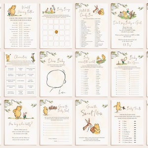 May include: A set of printable baby shower games featuring Winnie the Pooh characters. The games include "World Mommy Battles", "Baby Binge", "Match the Candy Bar", "Don't Say Baby or Girl", "Guess the Rhyme Quiz", "How big is her belly", "Draw Baby", "Baby Around the World", "Baby Ring Game", "Guess the Baby Food", "Guess the Sweet Mess", and "Baby Traits".