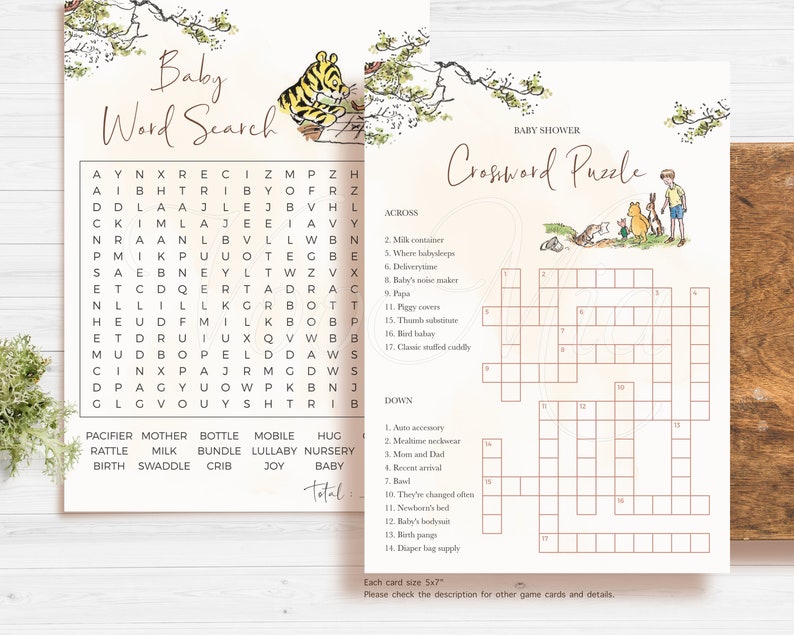 May include: A printable baby shower game featuring a Winnie the Pooh theme. The game includes a word search and a crossword puzzle. The word search features words related to babies, such as "pacifier", "bottle", "mobile", and "hug". The crossword puzzle features clues related to babies, such as "milk container", "delivery time", and "baby's noise maker".
