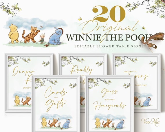 Diaper Raffle Drop Off, Classic Winnie The Pooh Table Sign, Editable Party Sign Decorations, Printable, WM21