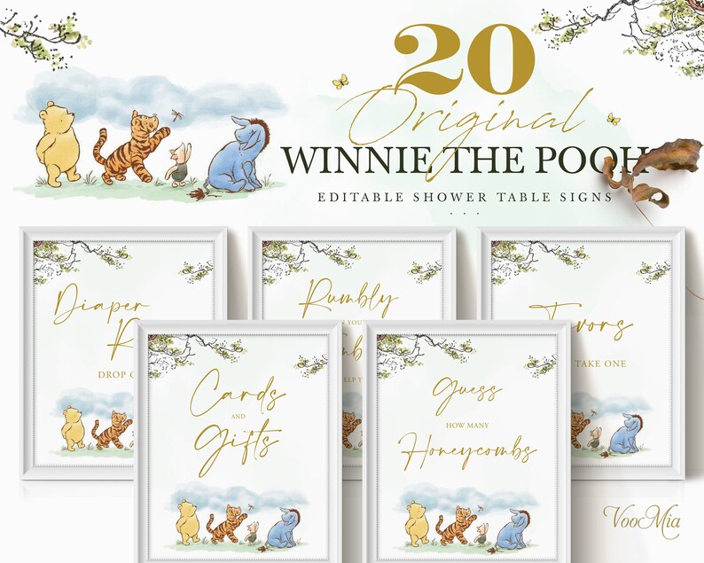 K&ouml;nnte beinhalten: Ein Set mit 20 druckbaren Winnie Puuh Babyparty-Tischschildern. Die Schilder zeigen die Figuren Winnie Puuh, Ferkel, Tiger und Esel im Aquarellstil. Die Schilder sind editierbar und enthalten Text wie "Windel-Tombola", "Karten und Geschenke", "Rumbly in My Tumbly", "Errate wie viele Honigwaben" und "Geschenke".