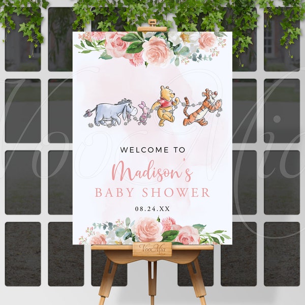 Winnie The Pooh Welcome Sign, Classic Pink Flowers Baby Shower Poster, Piglet, Tigger, Eeyore