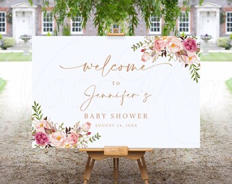 Signo de bienvenida de baby shower floral rosa rubor, plantilla de signo de bienvenida de baby shower imprimible, Boho