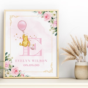 Classic Winnie the Pooh Nursery Print, Baby Girl Wall Art, Editable Printable Room Decor