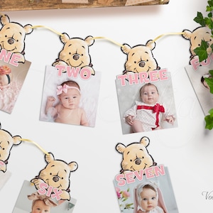 Winnie The Pooh Foto Banner, Geburtstag monatlich Meilenstein, bearbeitbare hängende Wimpel Party Flagge, druckbar