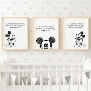 Mickey Mouse Wall Art - Set of 3 Vintage Mickey Mouse Prints Nursery Decor - Inspirational Quotes