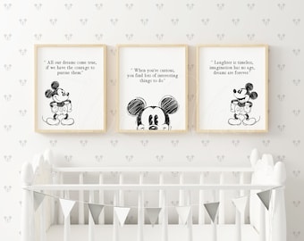 Mickey Mouse Wall Art - Set of 3 Vintage Mickey Mouse Prints Nursery Decor - Inspirational Quotes