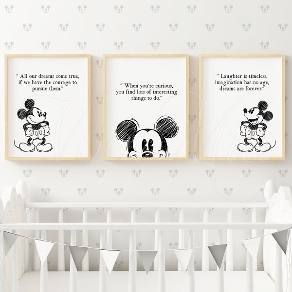 Mickey Mouse Wall Art - Set of 3 Vintage Mickey Mouse Prints Nursery Decor - Inspirational Quotes