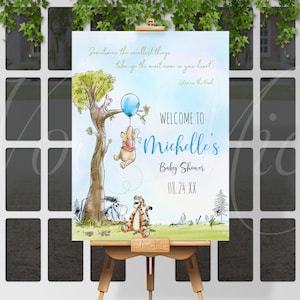 Winnie The Pooh Welcome Sign, Blue Balloon Baby Shower Poster, Editable Sign Template